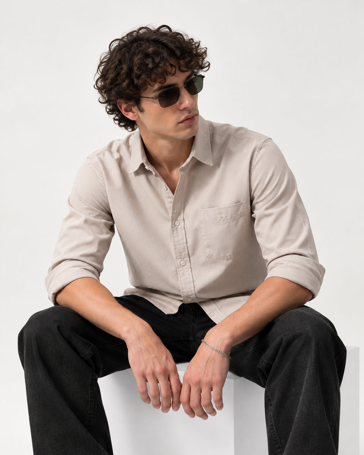 Caddy Couture Oxford Cotton Shirt in Beige, seated model view