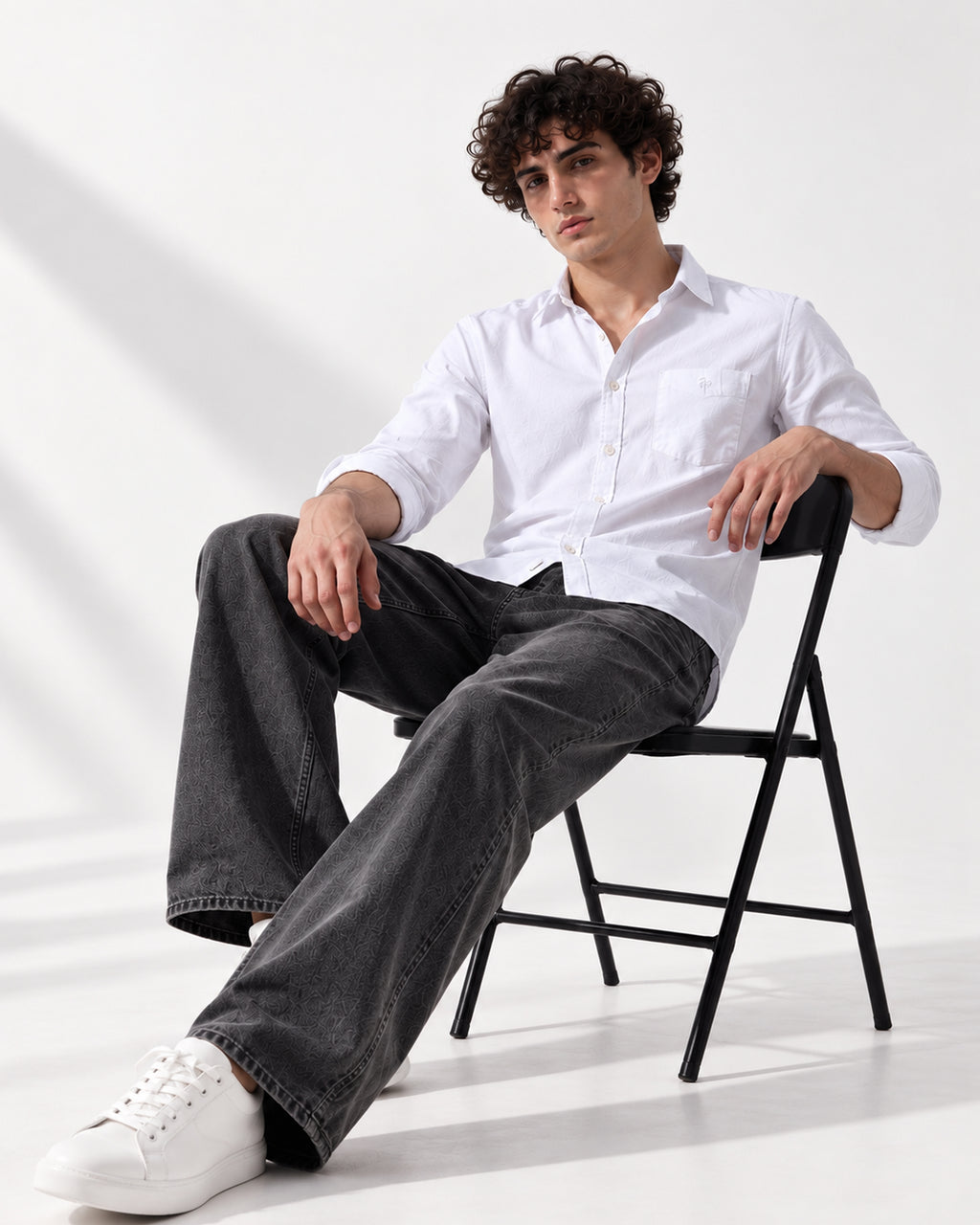 Caddy Couture Oxford Cotton Shirt in White, seated model view