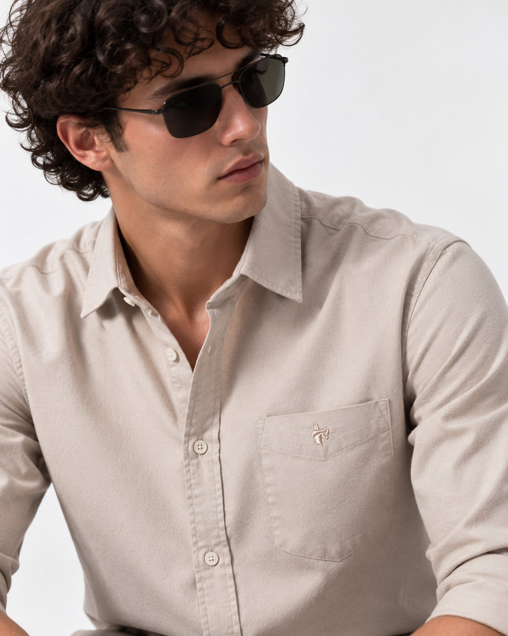 Caddy Couture Oxford Cotton Shirt in Beige, upper-body model view