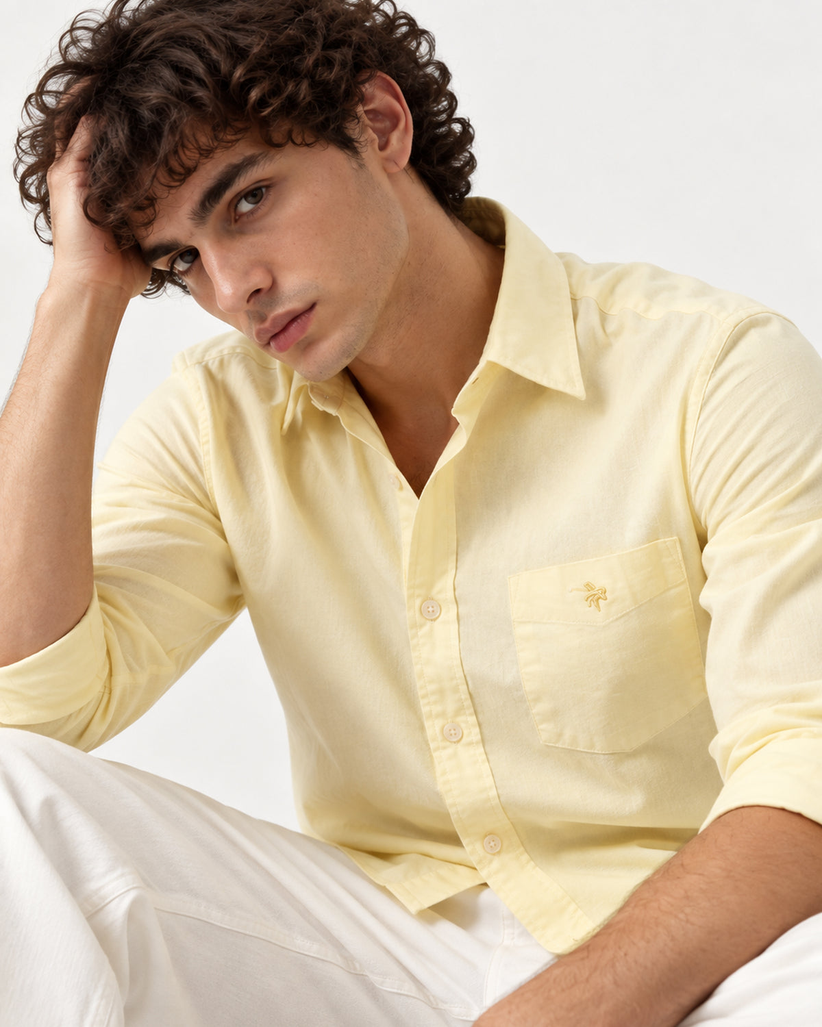 Caddy Couture Oxford Lycra Shirt in Cream, close-up model view