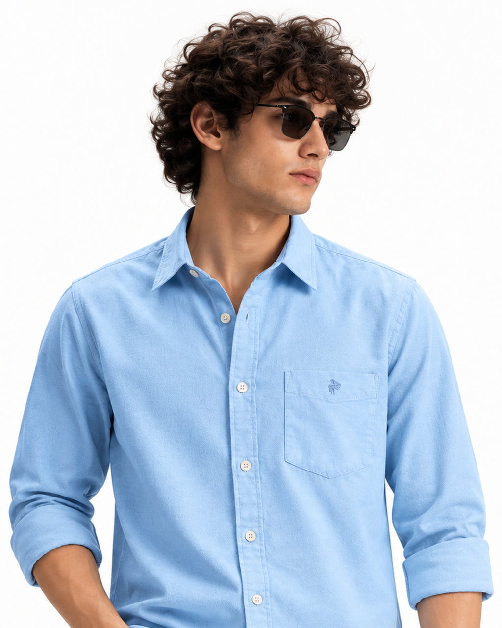 Caddy Couture Oxford Lycra Shirt in Light Blue, upper-body model view
