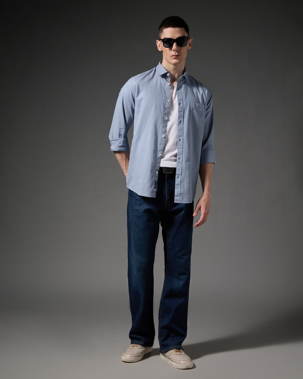 Cotton Linen Blend Shirt – Light Blue – editorial view | Caddy Couture