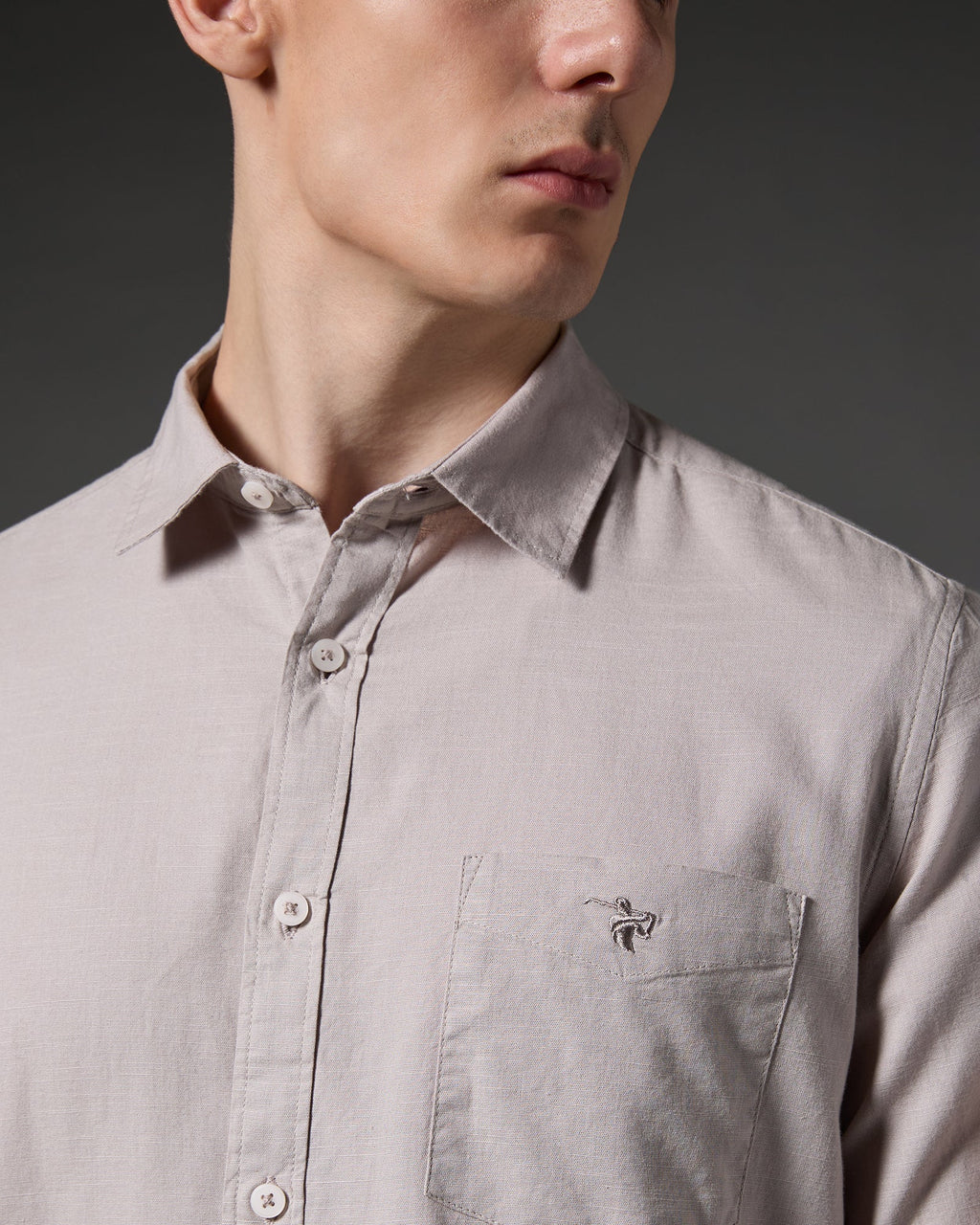Cotton Linen Blend Shirt – Stone – alternate model view | Caddy Couture