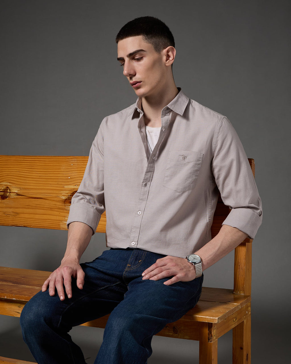 Cotton Linen Blend Shirt – Stone – fit view | Caddy Couture