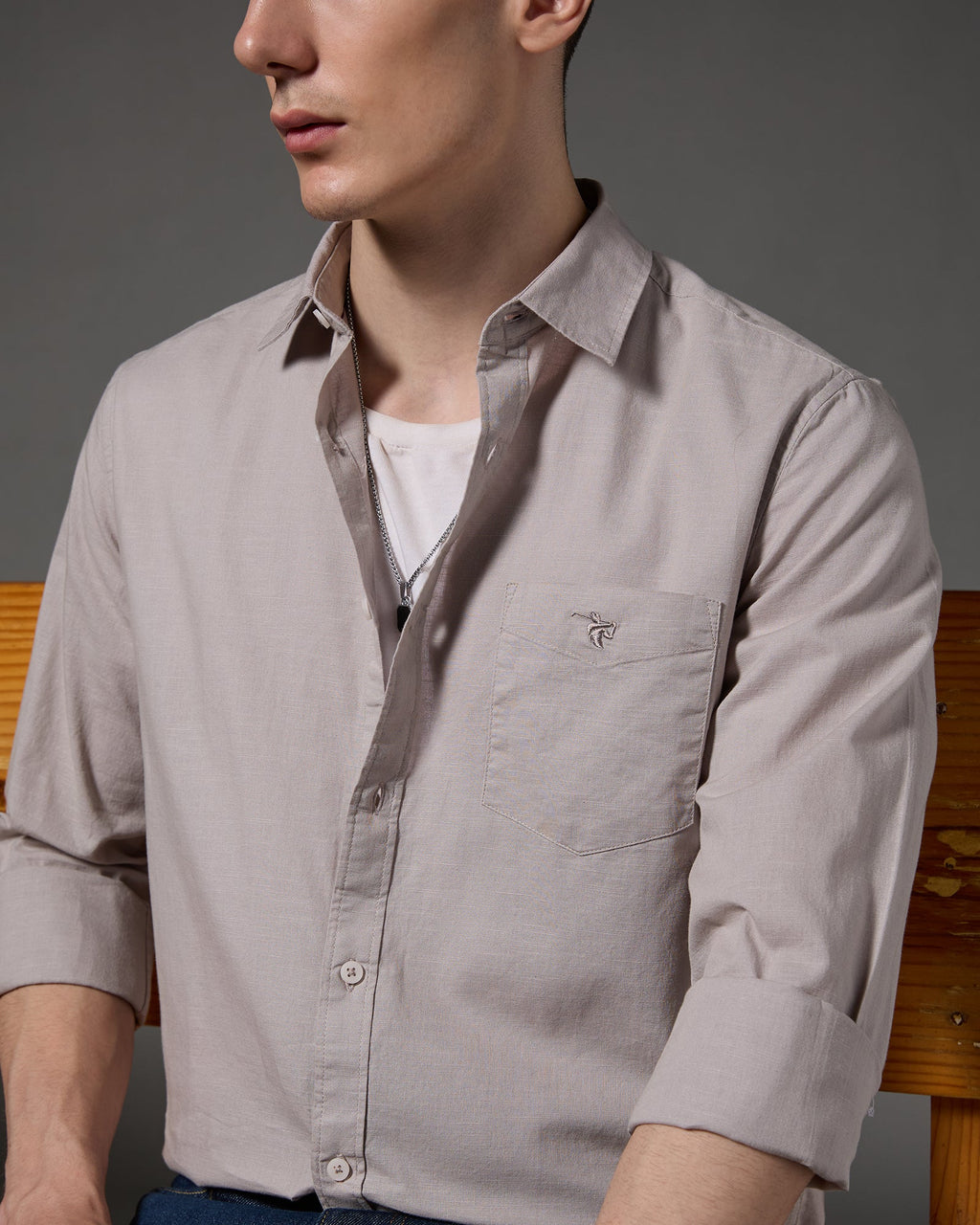 Cotton Linen Blend Shirt – Stone – alternate angle | Caddy Couture