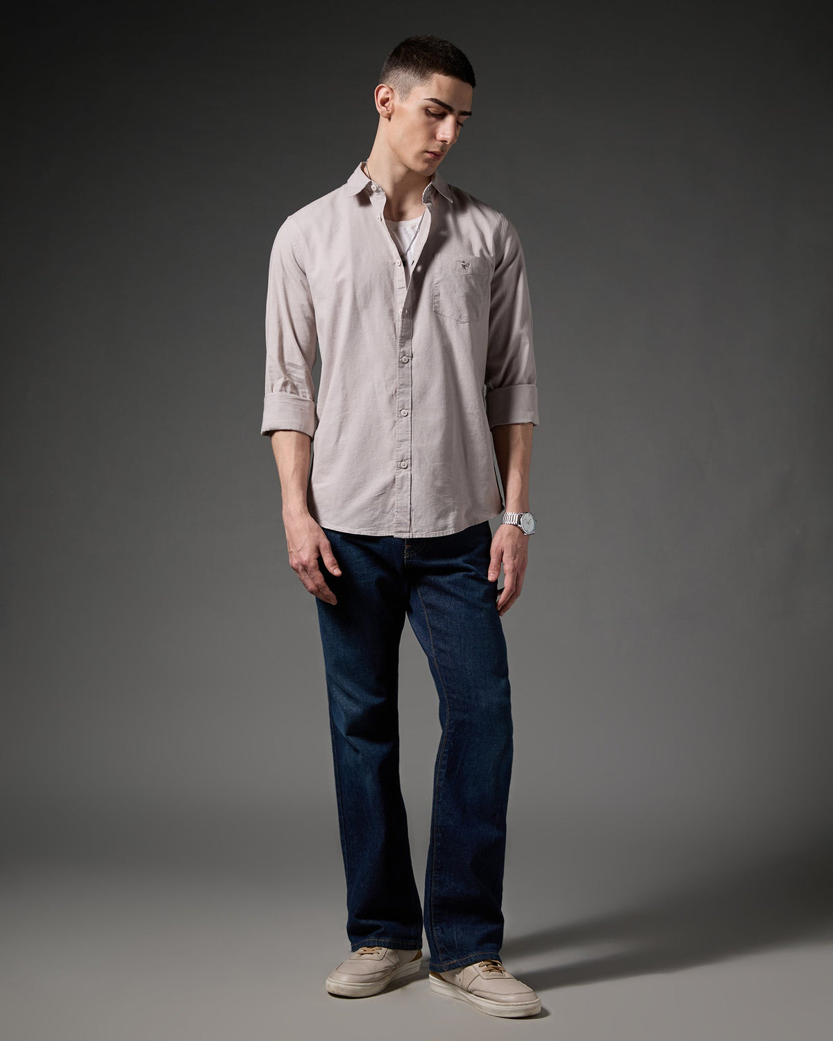 Cotton Linen Blend Shirt – Stone – detail view | Caddy Couture