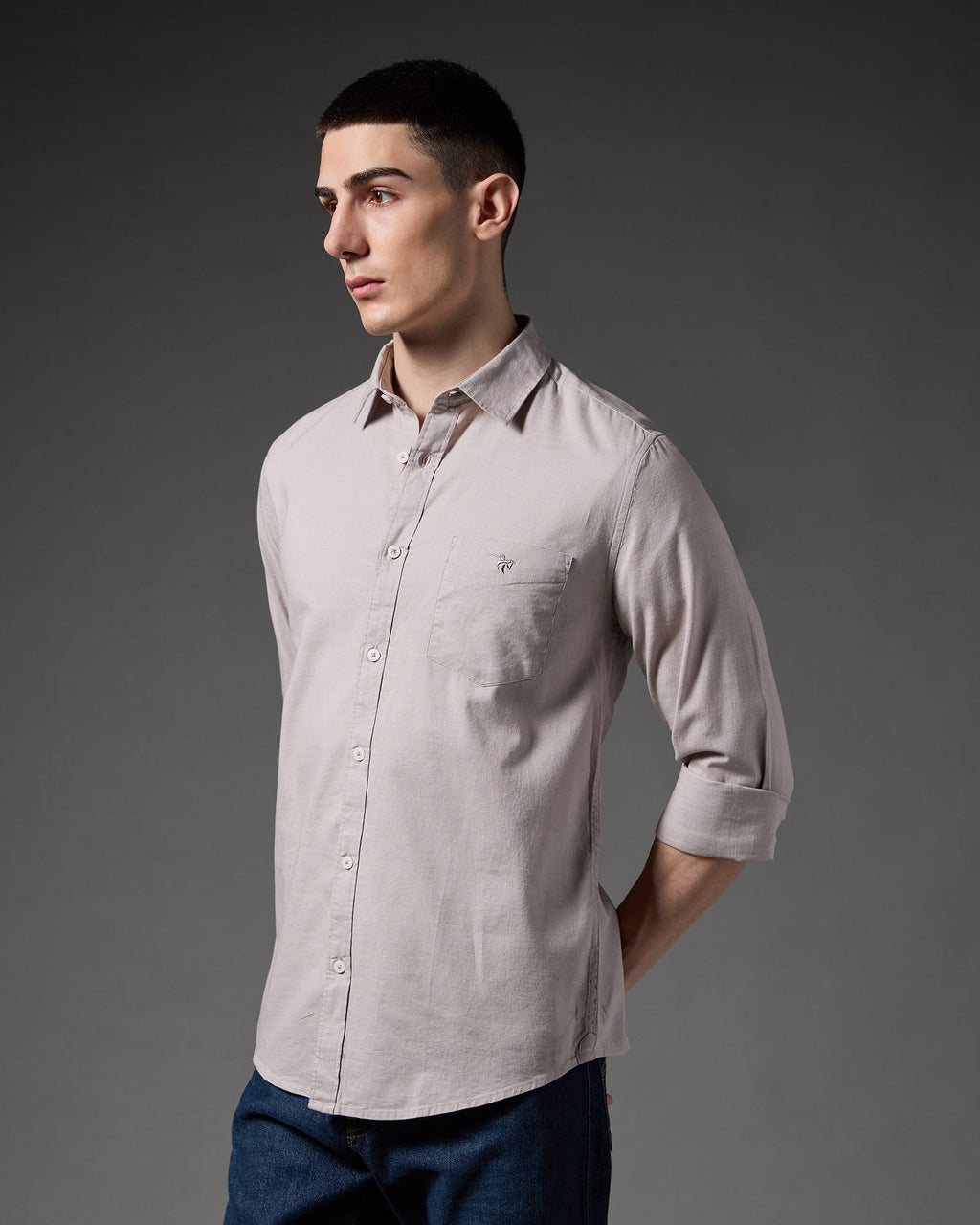 Cotton Linen Blend Shirt – Stone – editorial view | Caddy Couture