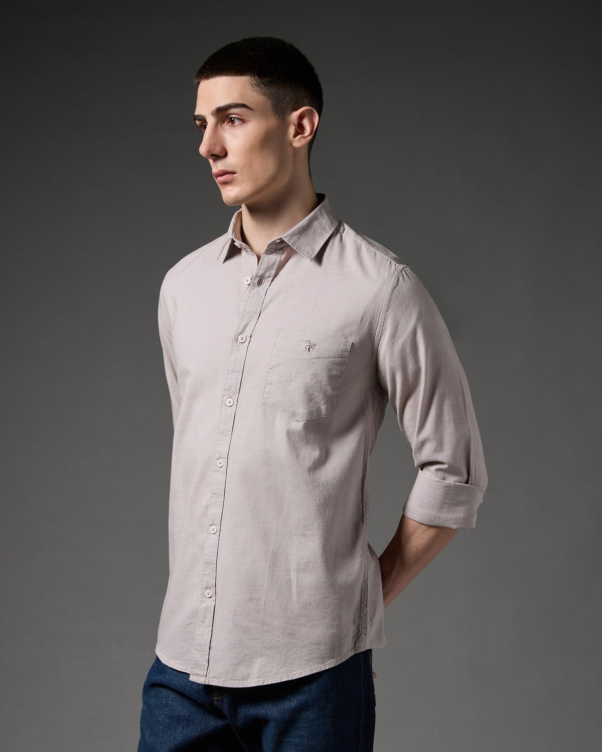Cotton Linen Blend Shirt – Stone – editorial view | Caddy Couture