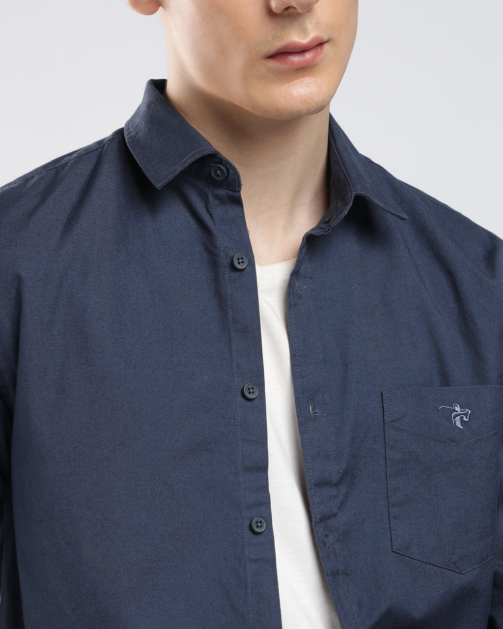 Cotton Linen Blend Shirt – Navy Blue – fit view | Caddy Couture