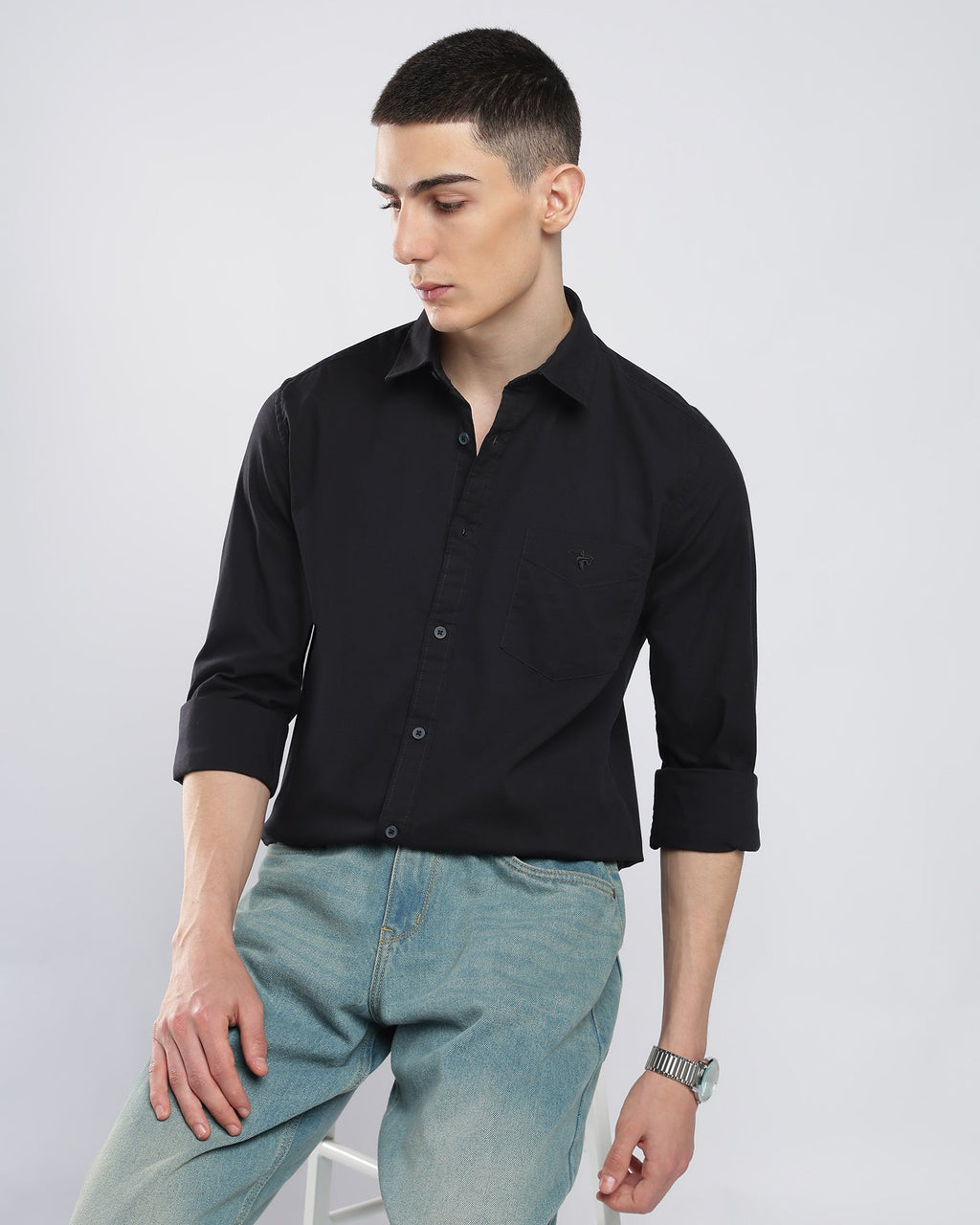 Cotton Linen Blend Shirt – Black – alternate angle | Caddy Couture