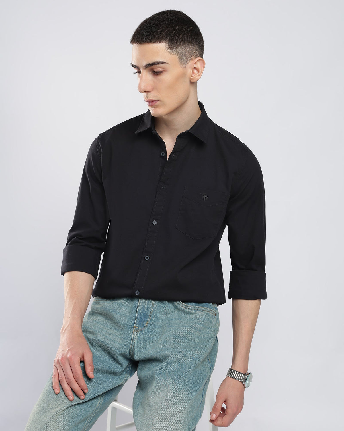 Cotton Linen Blend Shirt – Black – alternate angle | Caddy Couture
