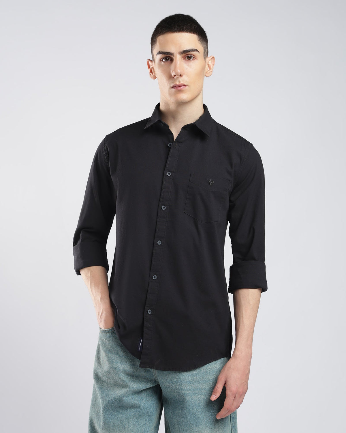 Cotton Linen Blend Shirt – Black – detail view | Caddy Couture