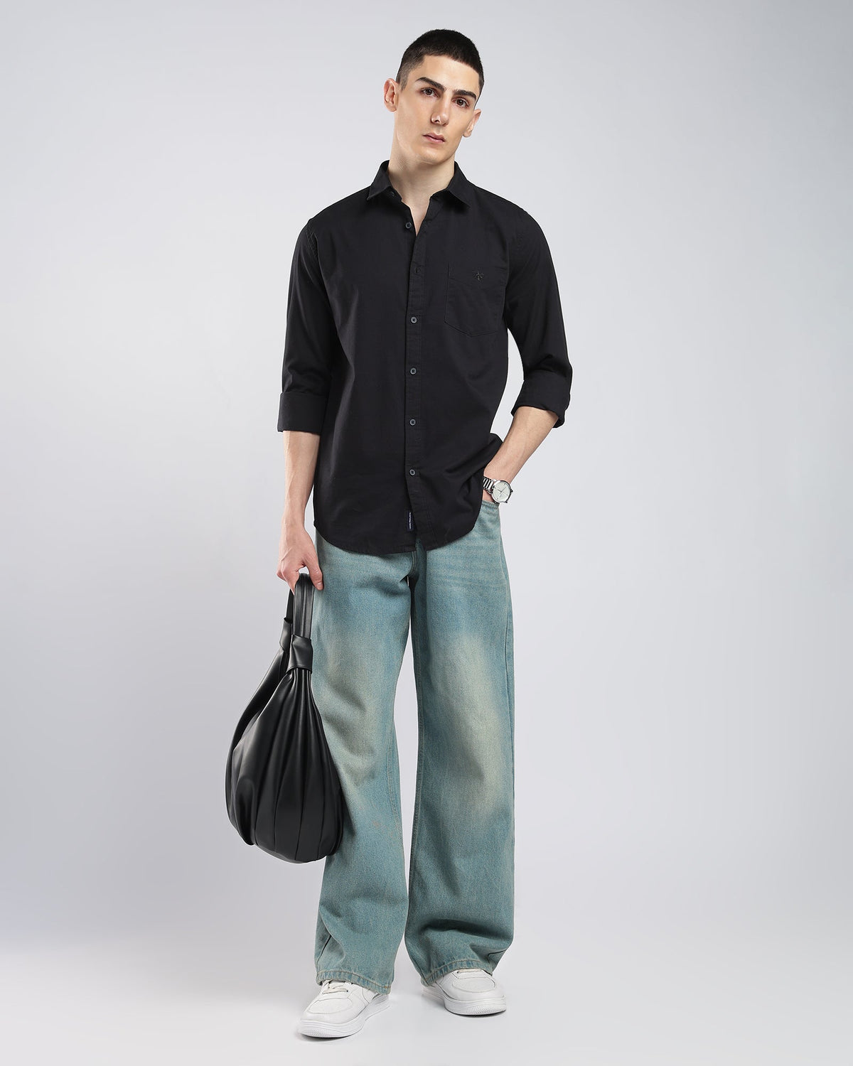 Cotton Linen Blend Shirt – Black – editorial view | Caddy Couture