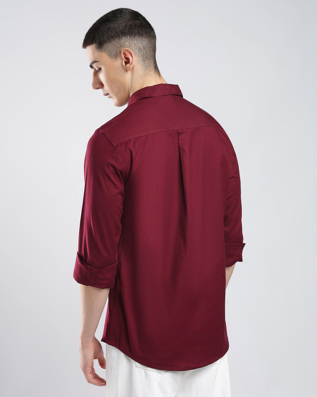 Oxford Lycra Shirt – Burgundy – editorial view | Caddy Couture