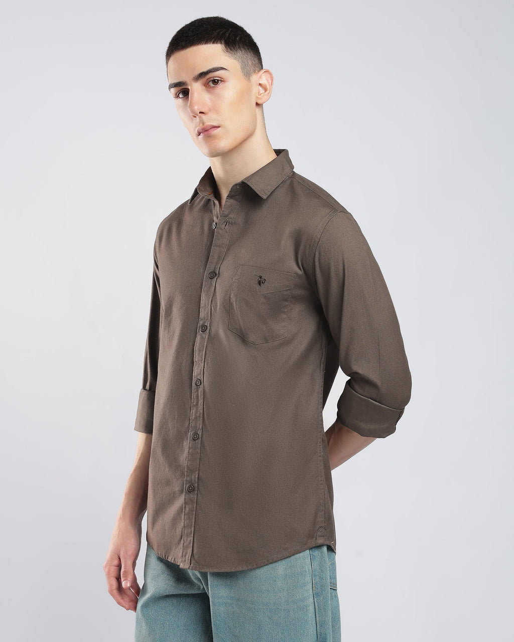 Oxford Cotton Shirt – Mocha Brown – editorial view | Caddy Couture