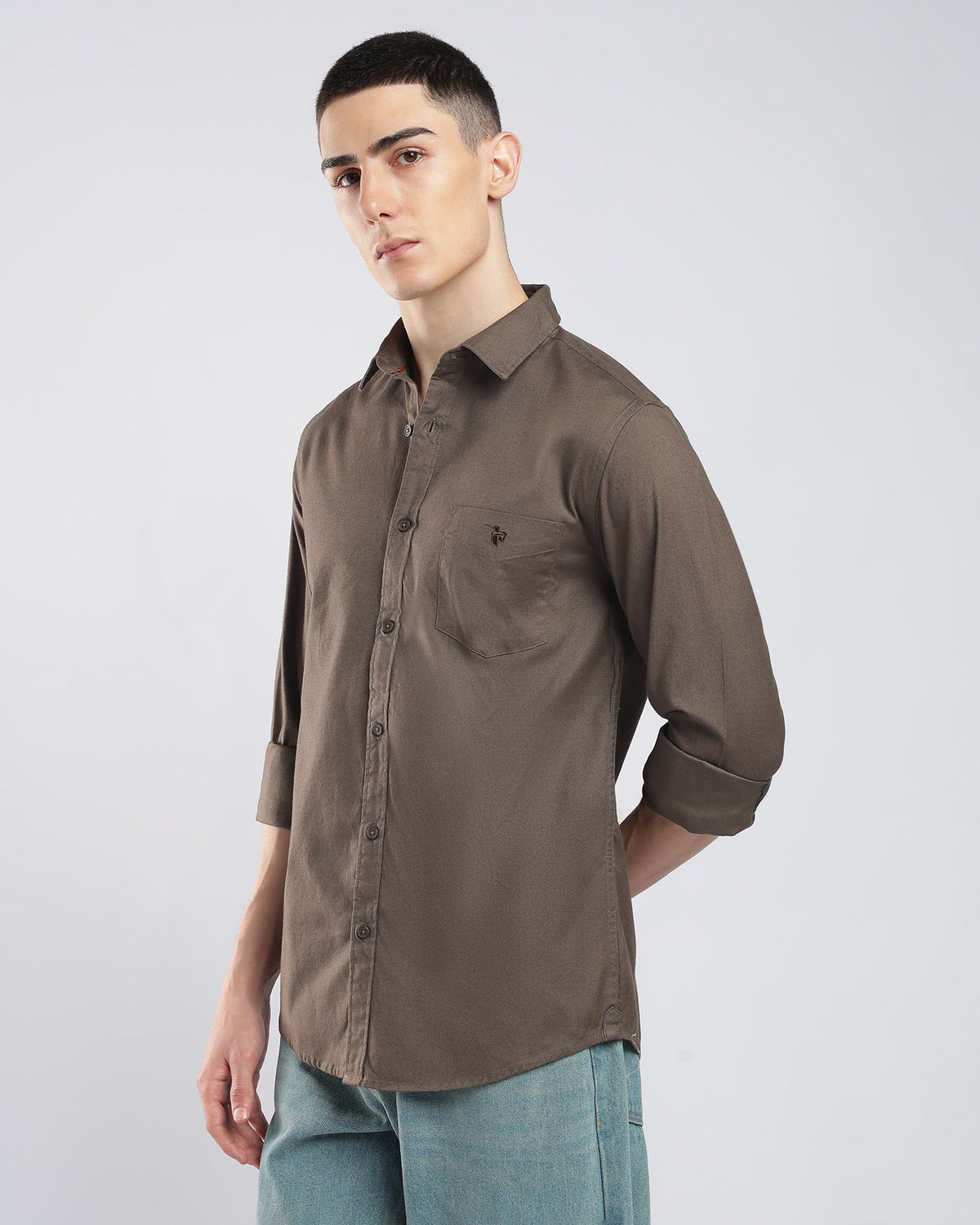 Oxford Cotton Shirt – Mocha Brown – editorial view | Caddy Couture