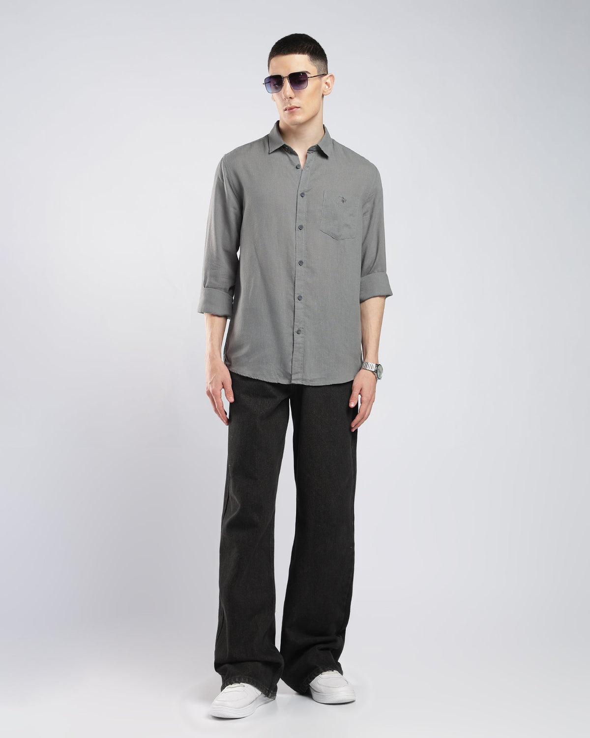 Pure Linen Shirt – Grey – alternate angle | Caddy Couture