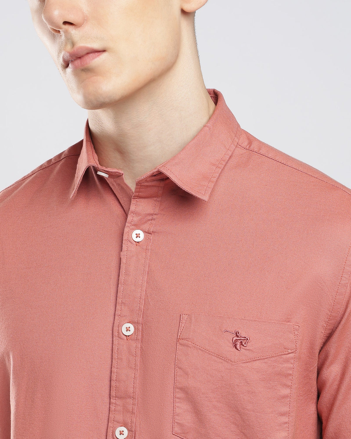 Oxford Lycra Shirt – Coral – alternate model view | Caddy Couture
