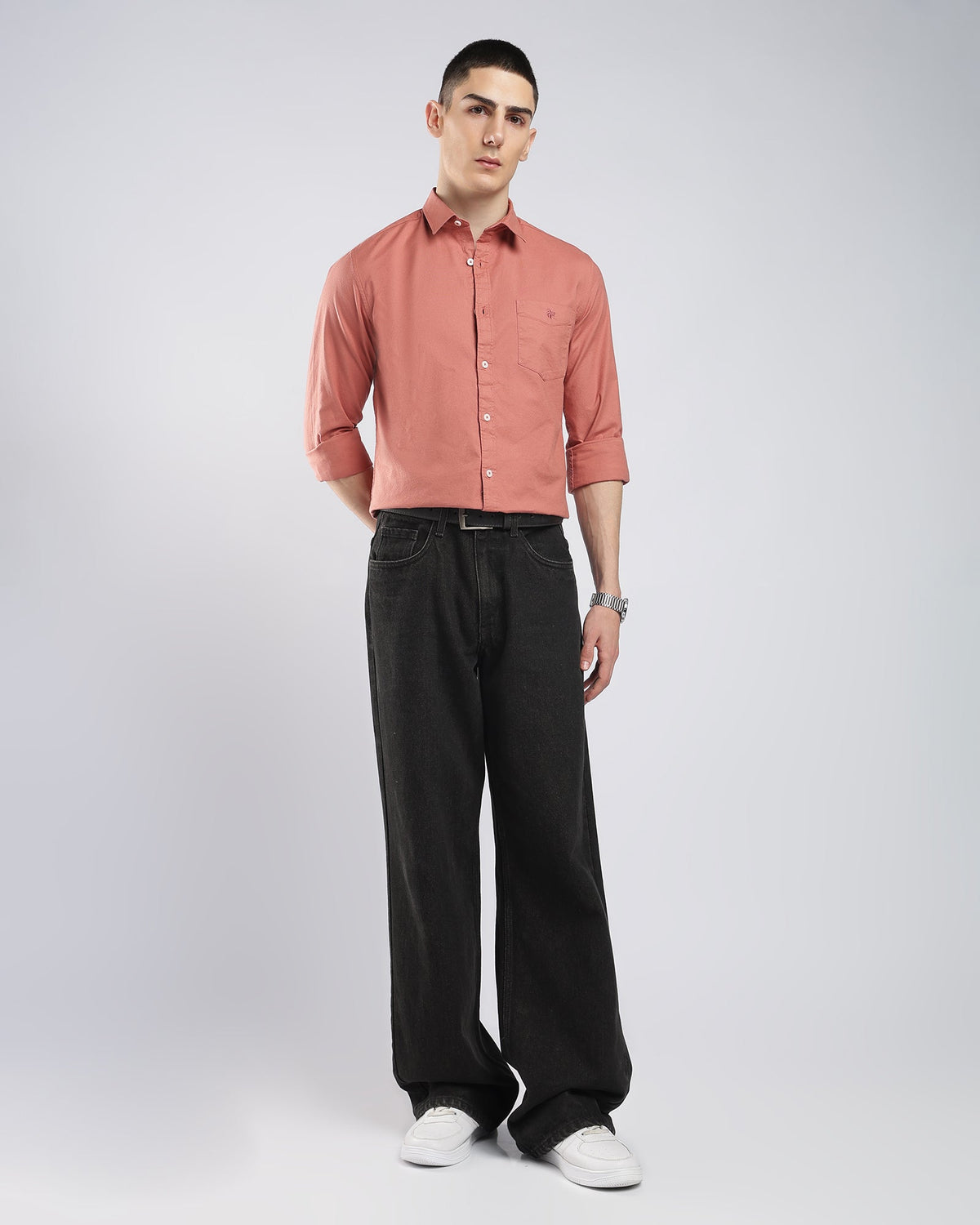 Oxford Lycra Shirt – Coral – detail view | Caddy Couture