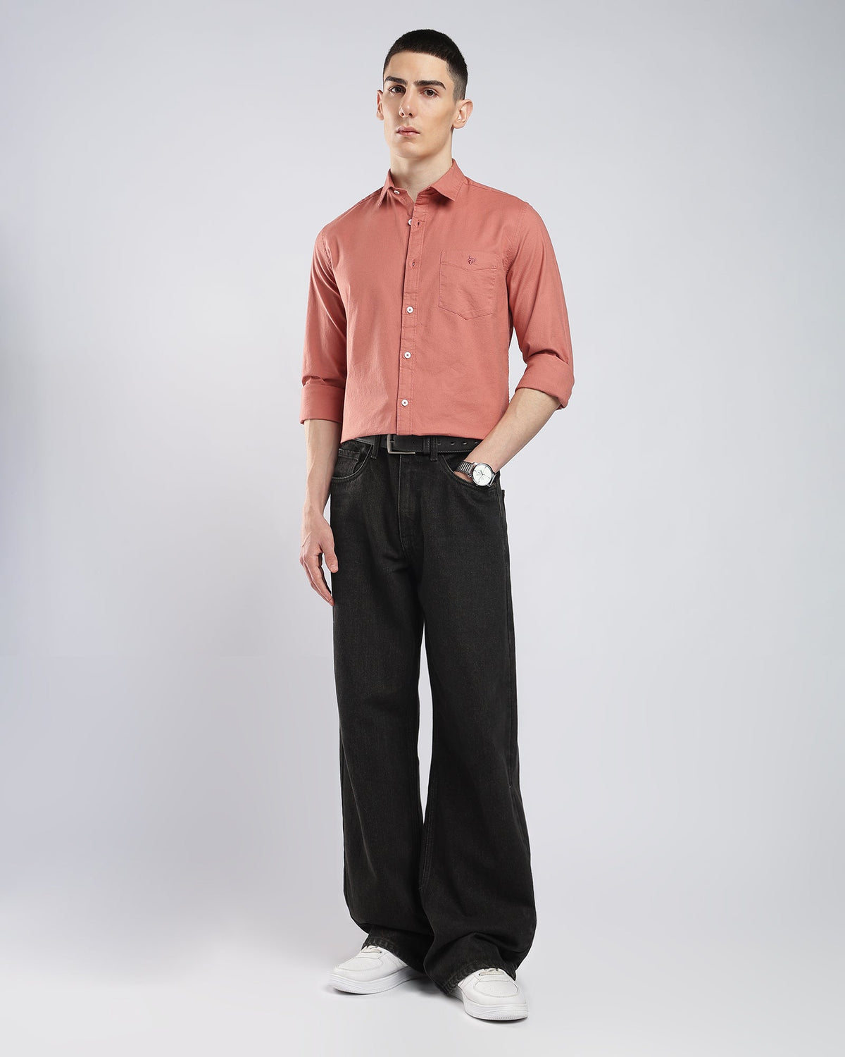 Oxford Lycra Shirt – Coral – editorial view | Caddy Couture