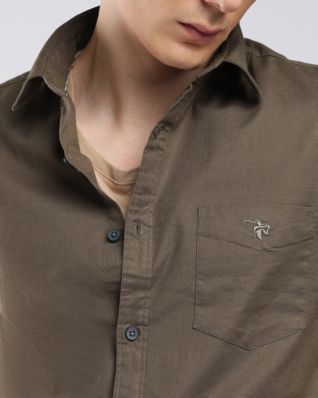 Oxford Lycra Shirt – Dark Brown – primary model view | Caddy Couture