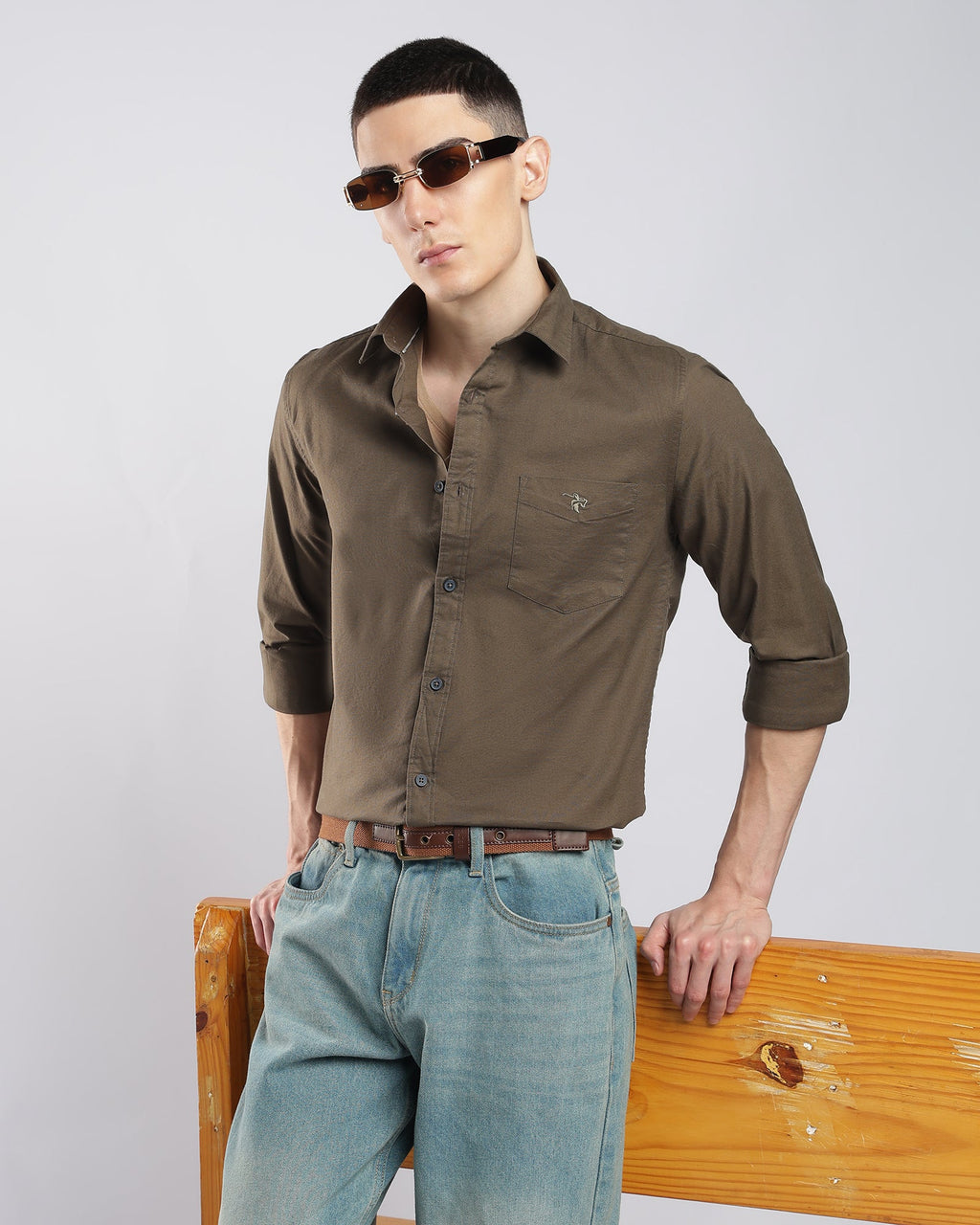 Oxford Lycra Shirt – Dark Brown – alternate angle | Caddy Couture