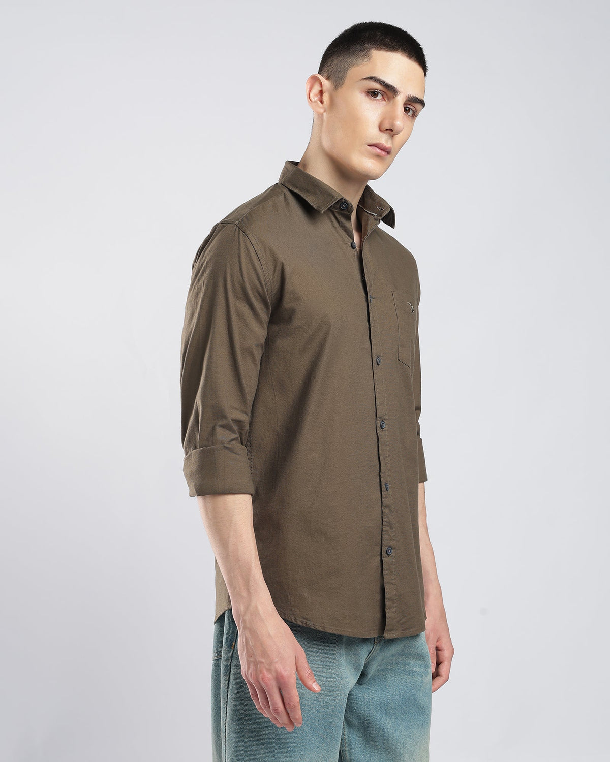 Oxford Lycra Shirt – Dark Brown – detail view | Caddy Couture