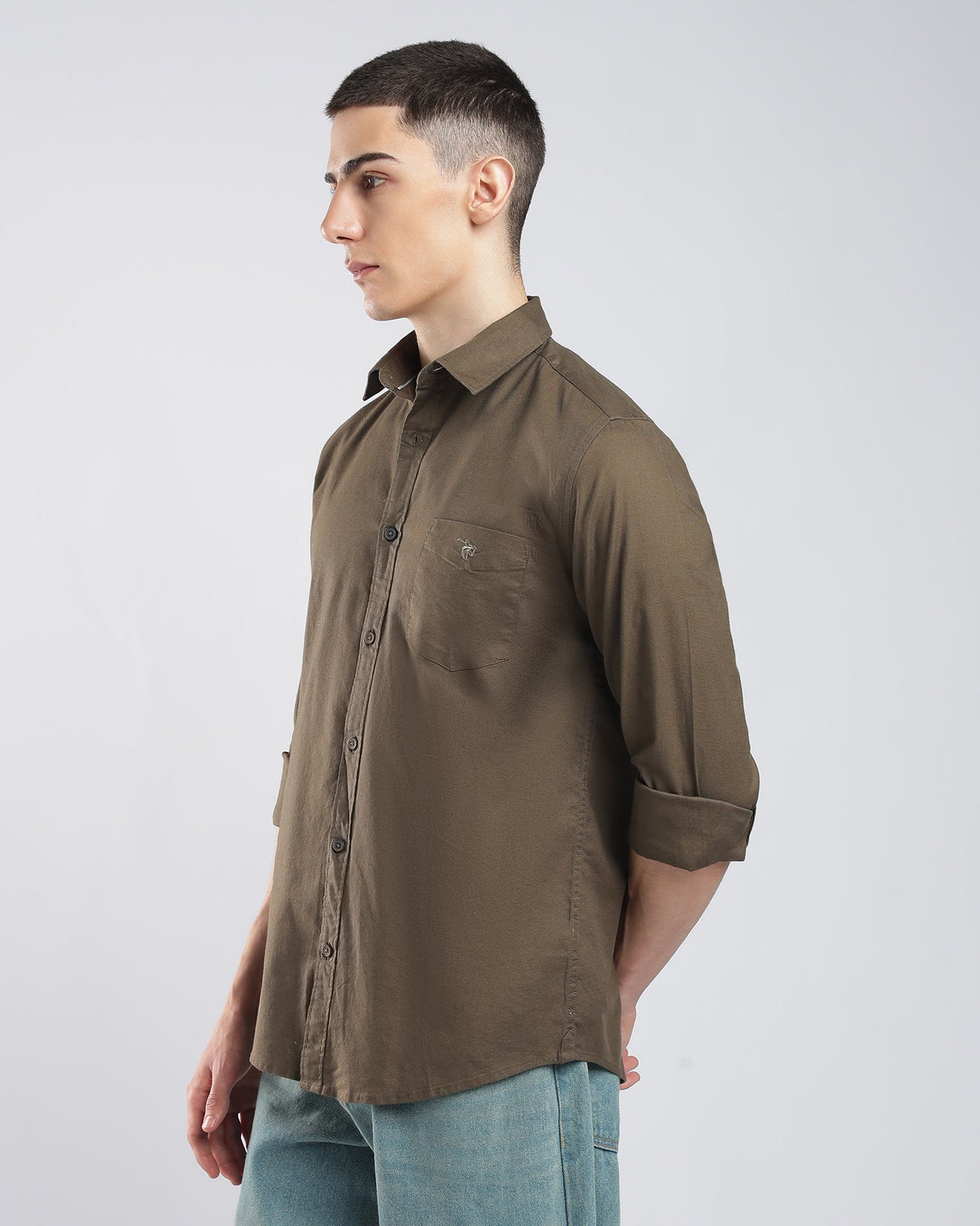 Oxford Lycra Shirt – Dark Brown – editorial view | Caddy Couture